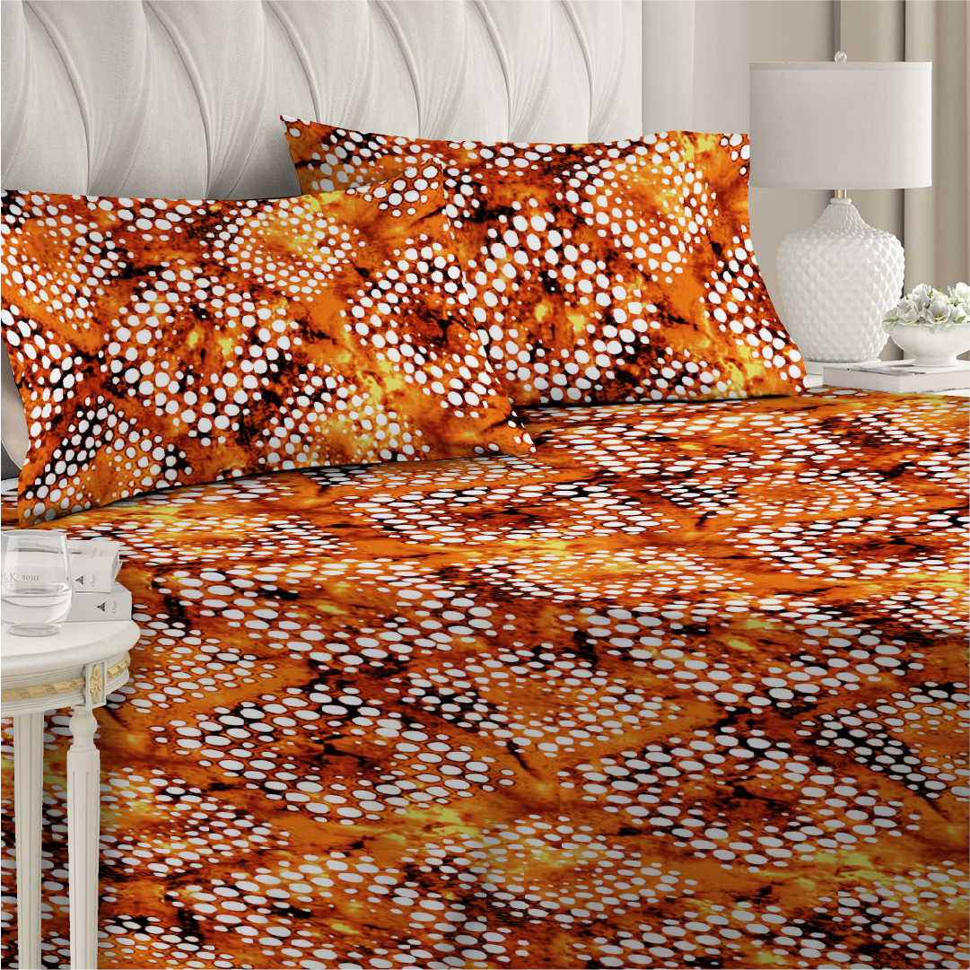 3 Piece - Tie and Die Patterned Orange Printed Bed Sheet Set - 2090