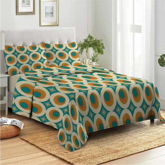 3 Piece - Teal Round Circled Printed Bed Sheet Set - 2078