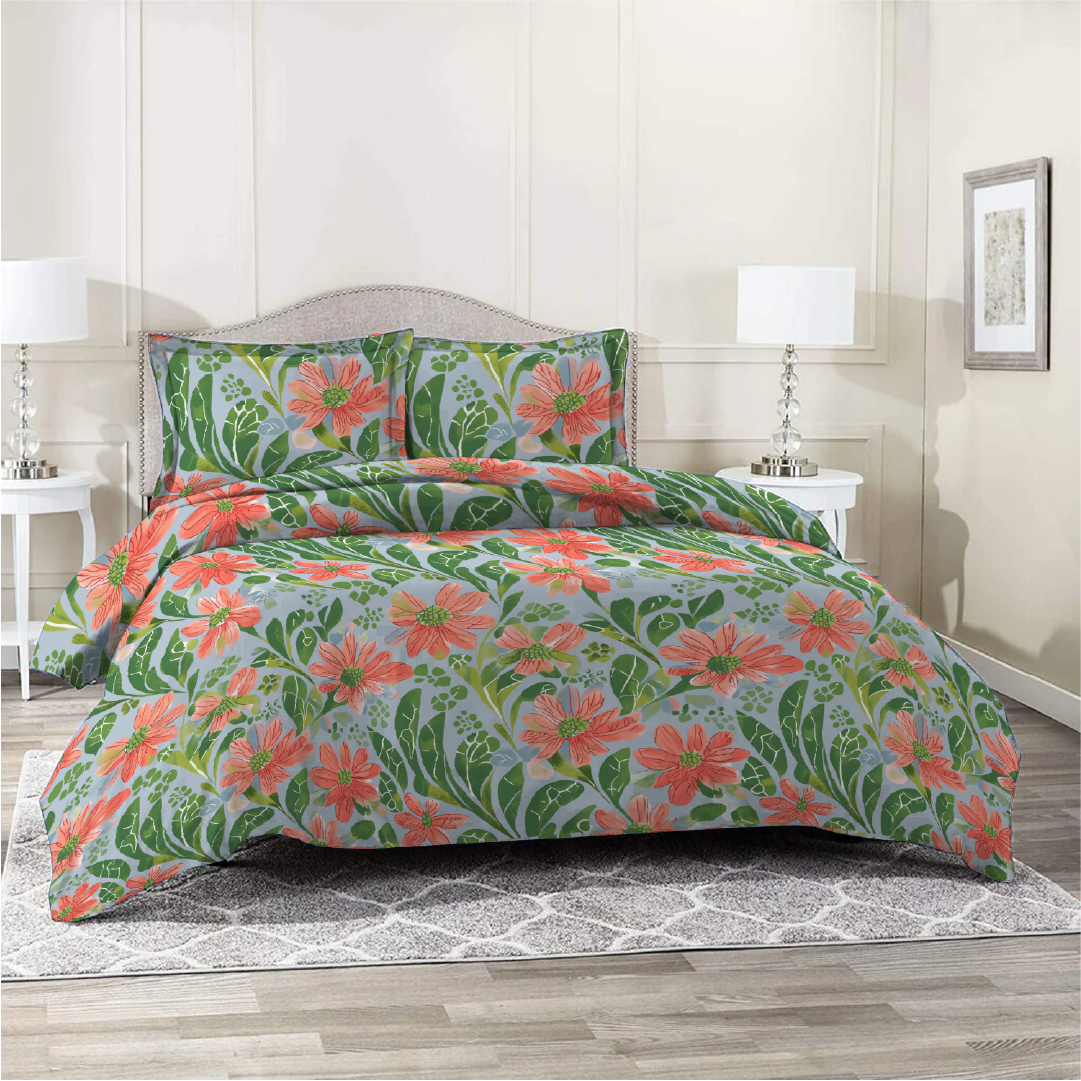 3 Piece - Coral Pink Floral Printed Bed Sheet Set - 2075