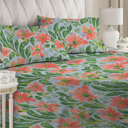 3 Piece - Coral Pink Floral Printed Bed Sheet Set - 2075