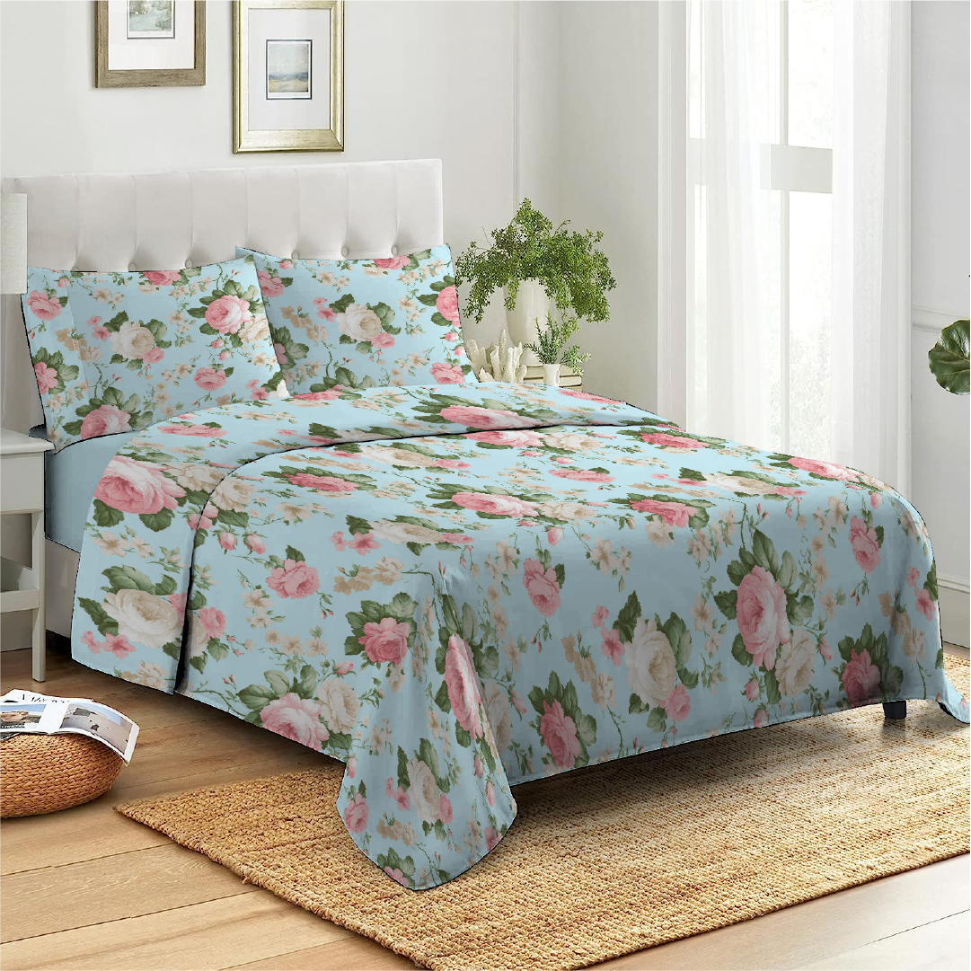 6 Piece - Grand Rose Aqua Printed Duvet Cover Set