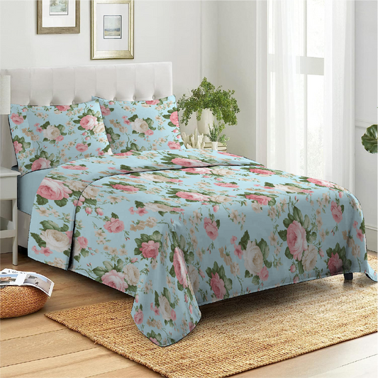 3 Piece - Grand Rose Aqua Printed Bed Sheet Set - 2083