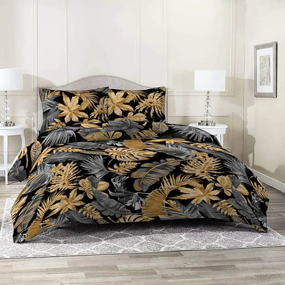 3 Piece - Monstera Golden Grey Black Printed Bed Sheet Set - 2049