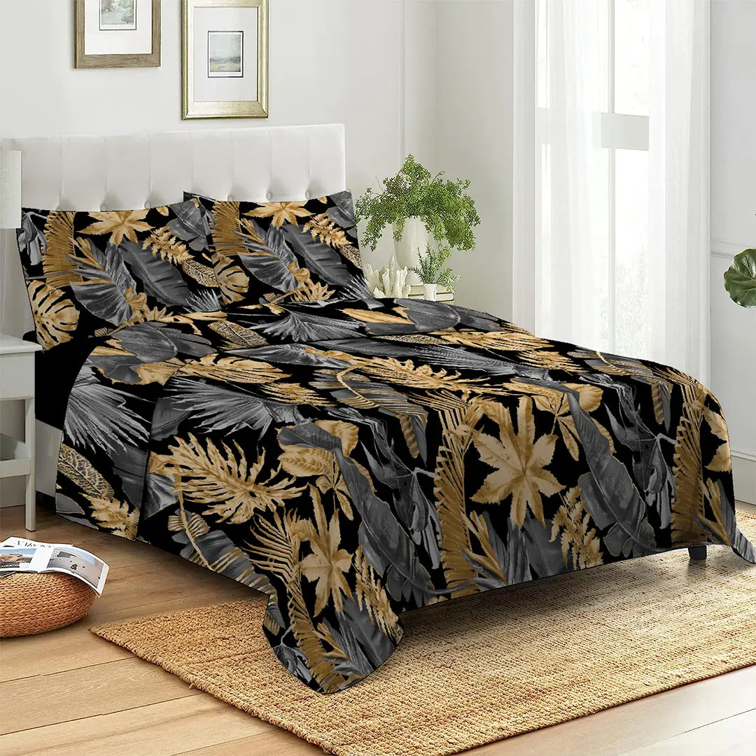 6 Piece - Monstera Golden Grey Black Printed Duvet Cover Set