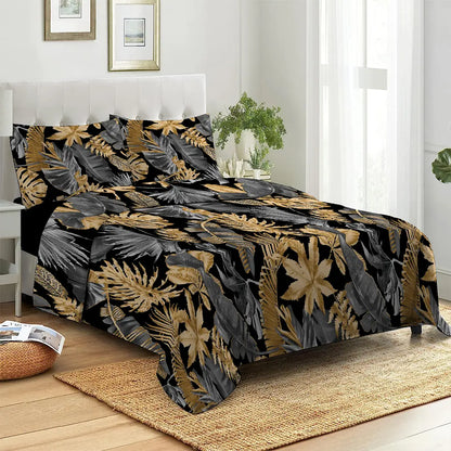 3 Piece - Monstera Golden Grey Black Printed Bed Sheet Set - 2049