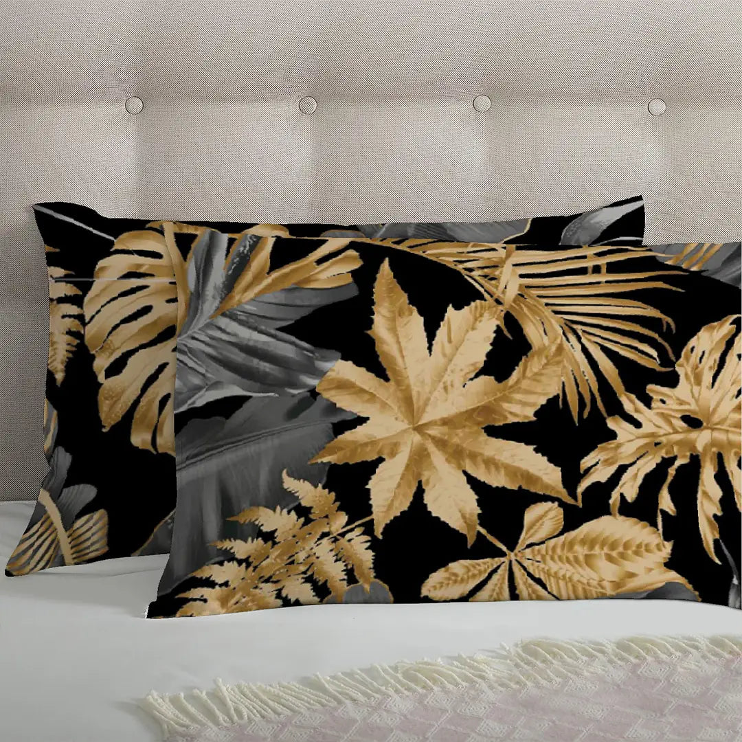 3 Piece - Monstera Golden Grey Black Printed Bed Sheet Set - 2049