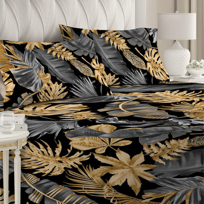 3 Piece - Monstera Golden Grey Black Printed Bed Sheet Set - 2049