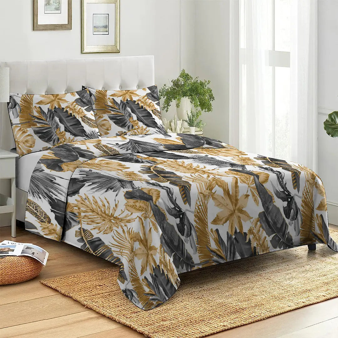 3 Piece - Monstera Golden Grey White Printed Bed Sheet Set - 2050