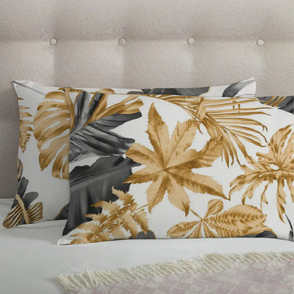 3 Piece - Monstera Golden Grey White Printed Bed Sheet Set - 2050