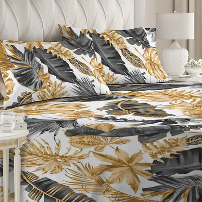 6 Piece - Monstera Golden Grey White  Printed Duvet Cover Set