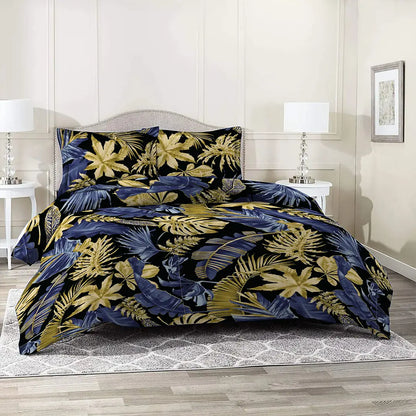 6 Piece - Monstera Golden Navy Blue black Printed Duvet Cover Set