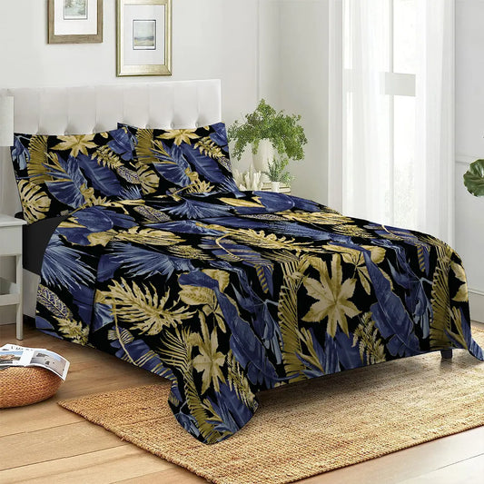 3 Piece - Monstera Golden Navy Blue black Printed Bed Sheet Set - 2051