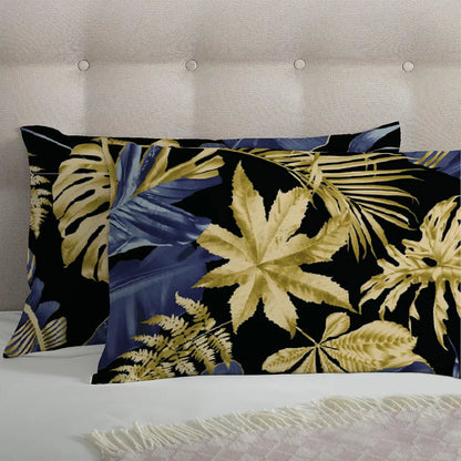 3 Piece - Monstera Golden Navy Blue black Printed Bed Sheet Set - 2051