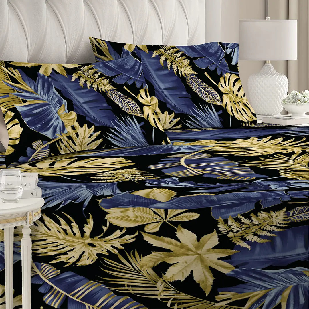 6 Piece - Monstera Golden Navy Blue black Printed Duvet Cover Set