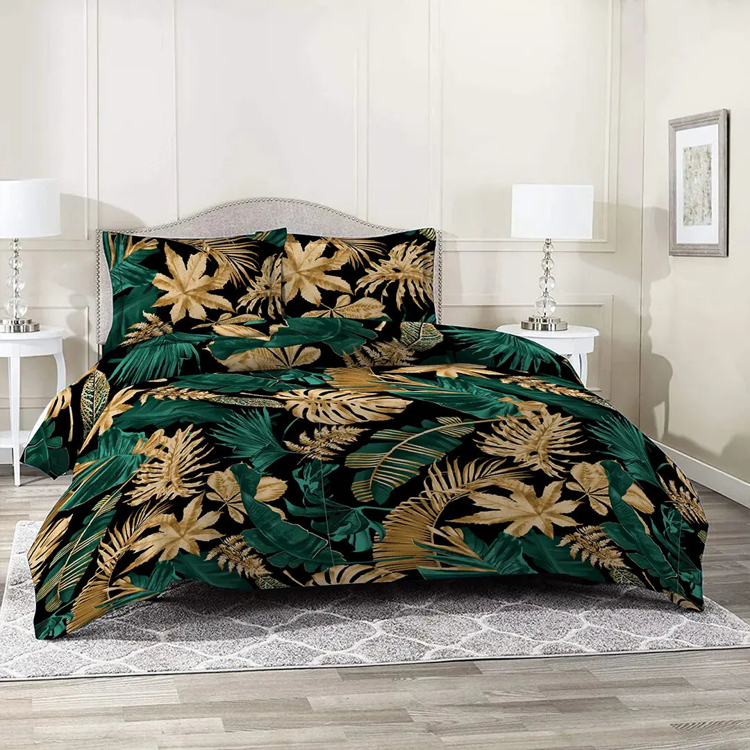 Monstera Turq Golden Black Printed Bed Sheet