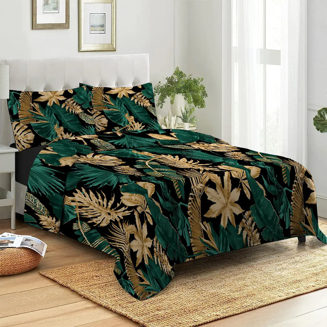 6 Piece - Monstera Turq Golden Black Printed Duvet Cover Set