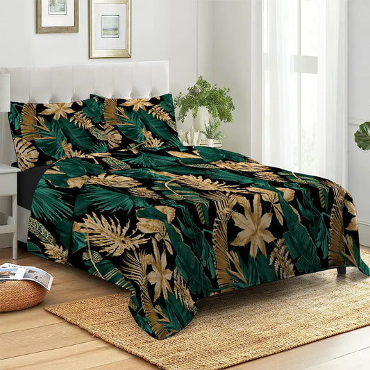 3 Piece - Monstera Turq Golden Black Printed Bed Sheet Set - 2052