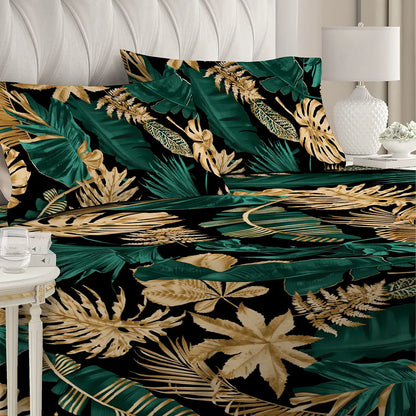 6 Piece - Monstera Turq Golden Black Printed Duvet Cover Set