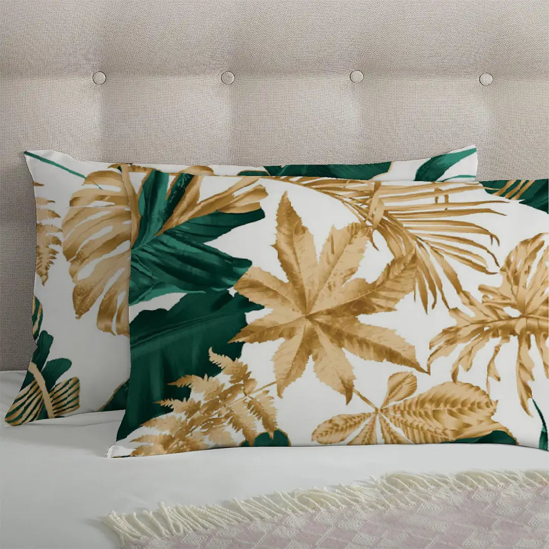 3 Piece - Monstera Turq Golden white Printed Bed Sheet Set - 2053