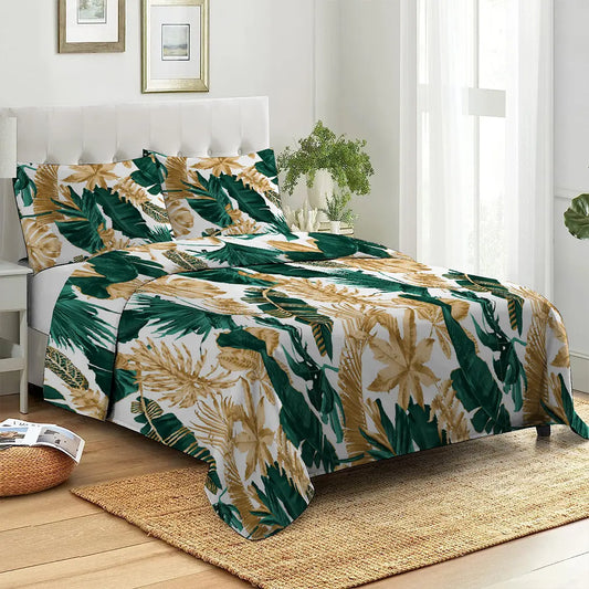 3 Piece - Monstera Turq Golden white Printed Bed Sheet Set - 2053