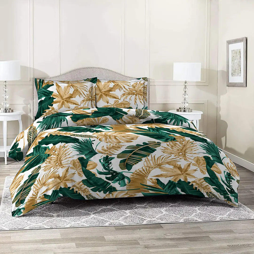 3 Piece - Monstera Turq Golden white Printed Bed Sheet Set - 2053