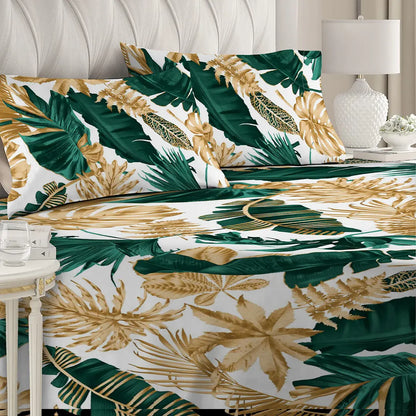 3 Piece - Monstera Turq Golden white Printed Bed Sheet Set - 2053