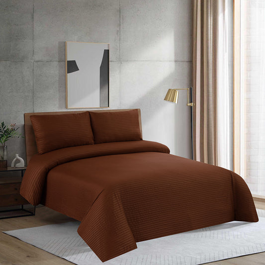 3 Piece - Caramel Satin Striped Bed Sheet Set - 3047