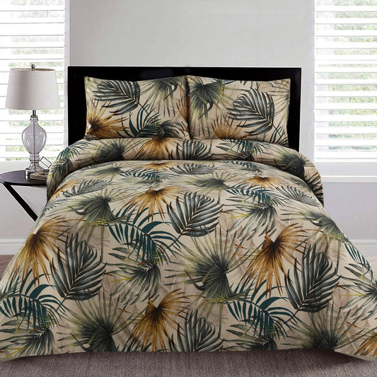 6 Piece - Green & Beige Leaf Printed Duvet Cover Set