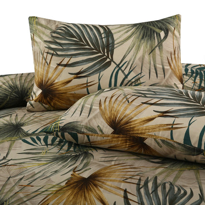 6 Piece - Green & Beige Leaf Printed Duvet Cover Set