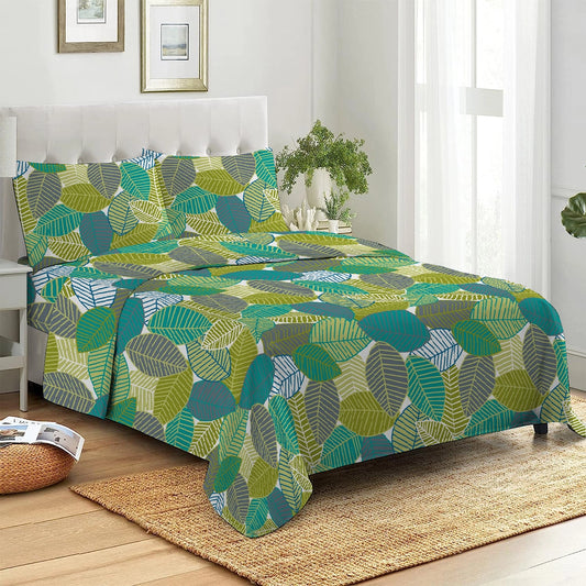 3 Piece - Green Leaf Printed Bed Sheet Set - 3061
