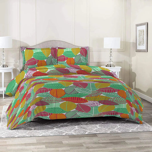 6 Piece - Red & Green Leaf Printed Duvet Cover Set
