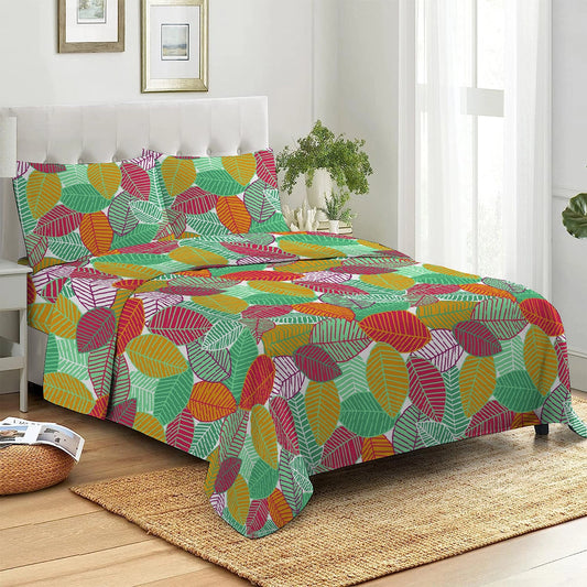 3 Piece - Red & Green Leaf Printed Bed Sheet Set - 3062