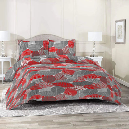3 Piece - Red & Grey Leaf Printed Bed Sheet Set - 3063