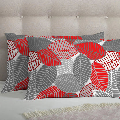 3 Piece - Red & Grey Leaf Printed Bed Sheet Set - 3063