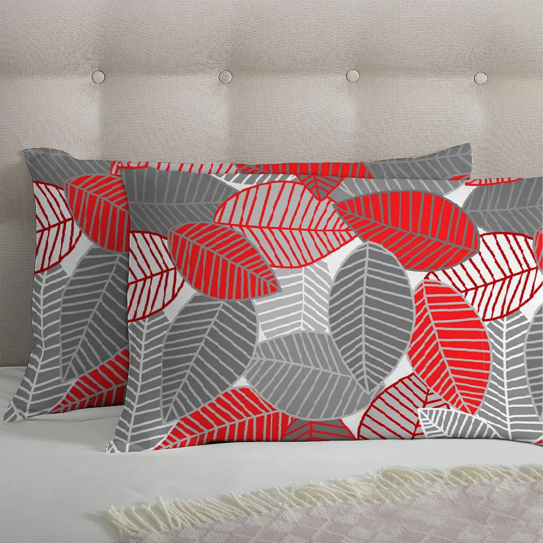 6 Piece - Red & Grey Leaf Printed Duvet Cover Set