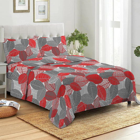 3 Piece - Red & Grey Leaf Printed Bed Sheet Set - 3063