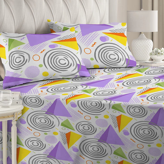 3 Piece - Lilac Geometric Printed Bed Sheet Set - 3054