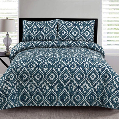 3 Piece - Blue & White Geometric Printed Bed Sheet Set - 3149