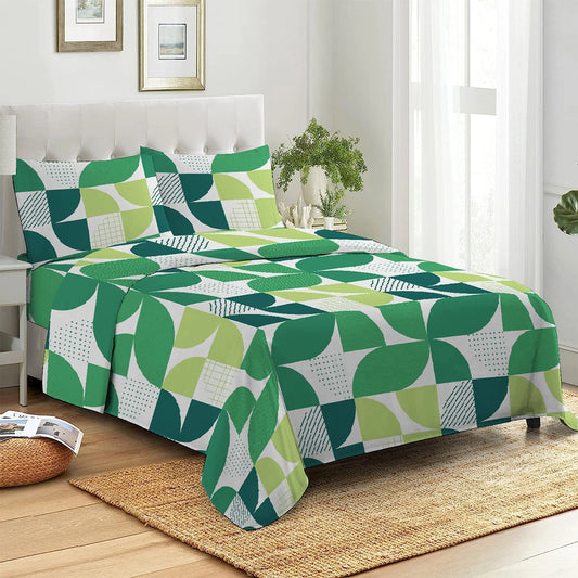 3 Piece - Green Geometric Printed Bed Sheet Set - 3055