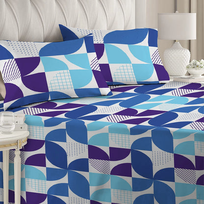 3 Piece - Blue Geometric Printed Bed Sheet Set -3056