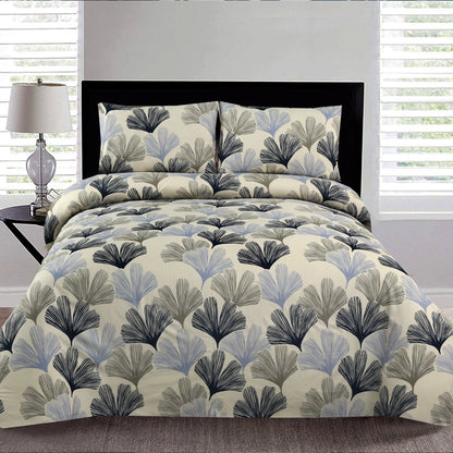 3 Piece - Beige & Grey Leaf Printed Bed Sheet Set - 3151