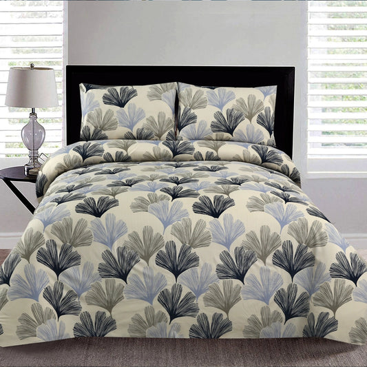 6 Piece - Beige & Grey Leaf Printed Duvet Cover Set
