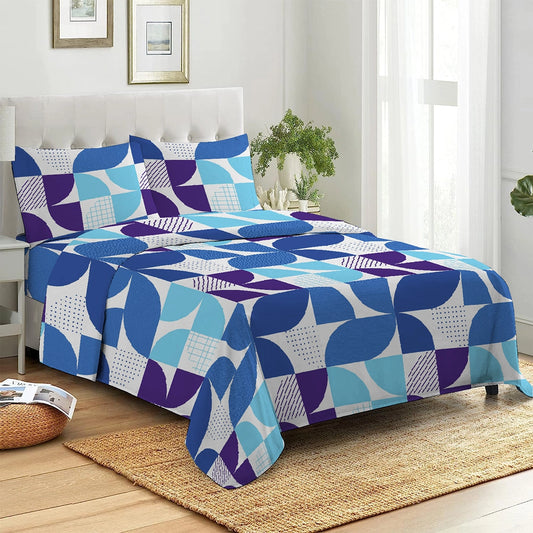 3 Piece - Blue Geometric Printed Bed Sheet Set -3056