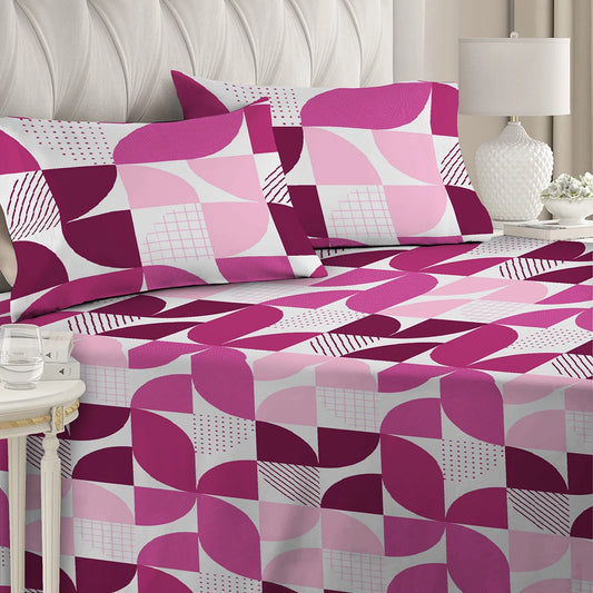3 Piece - Pink Geometric Printed Bed Sheet Set -3057