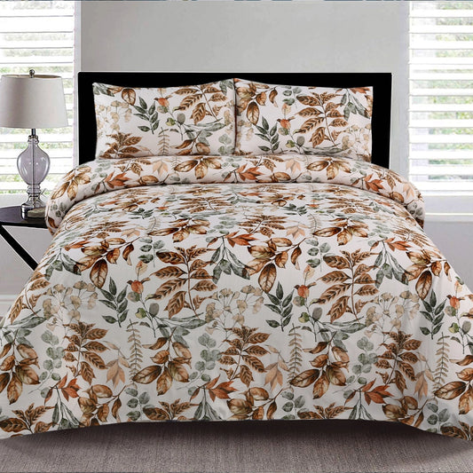6 Piece - Brown & White Leaf Printed Duvet Cover Set