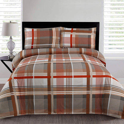 6 Piece - Brown & Red Checkered Printed Duvet Cover Set