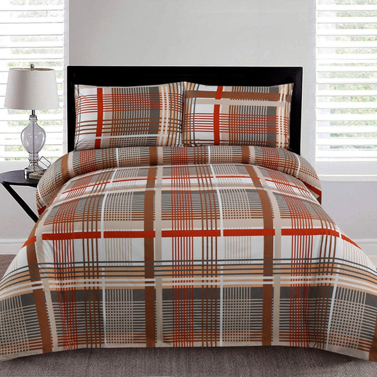 6 Piece - Brown & Red Checkered Printed Duvet Cover Set