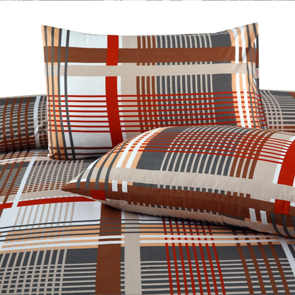 6 Piece - Brown & Red Checkered Printed Duvet Cover Set