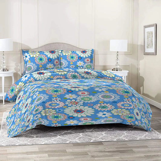 3 Piece - Blue Floral Printed Bed Sheet Set - 3058