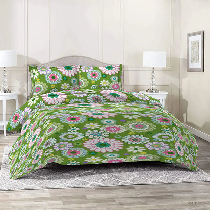 3 Piece - Green Floral Print Bed Sheet Set - 3059